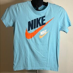 Nike Kids Aqua T-Shirt with Dual Orange and White Logos